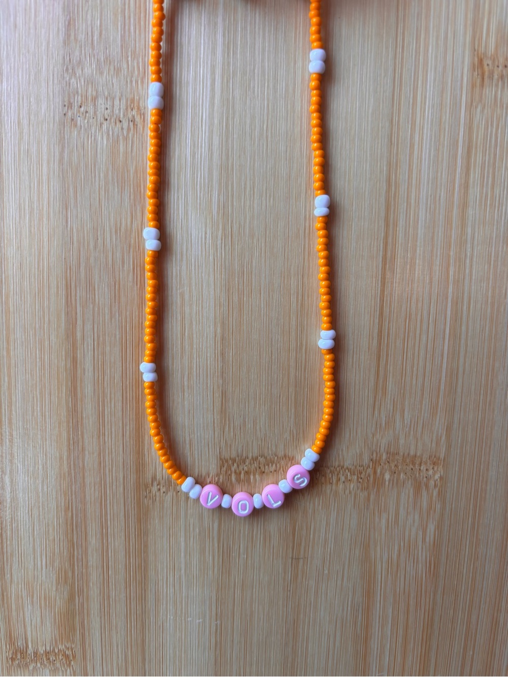 Orange Seed Bead Necklace with Pink Letter Accents
